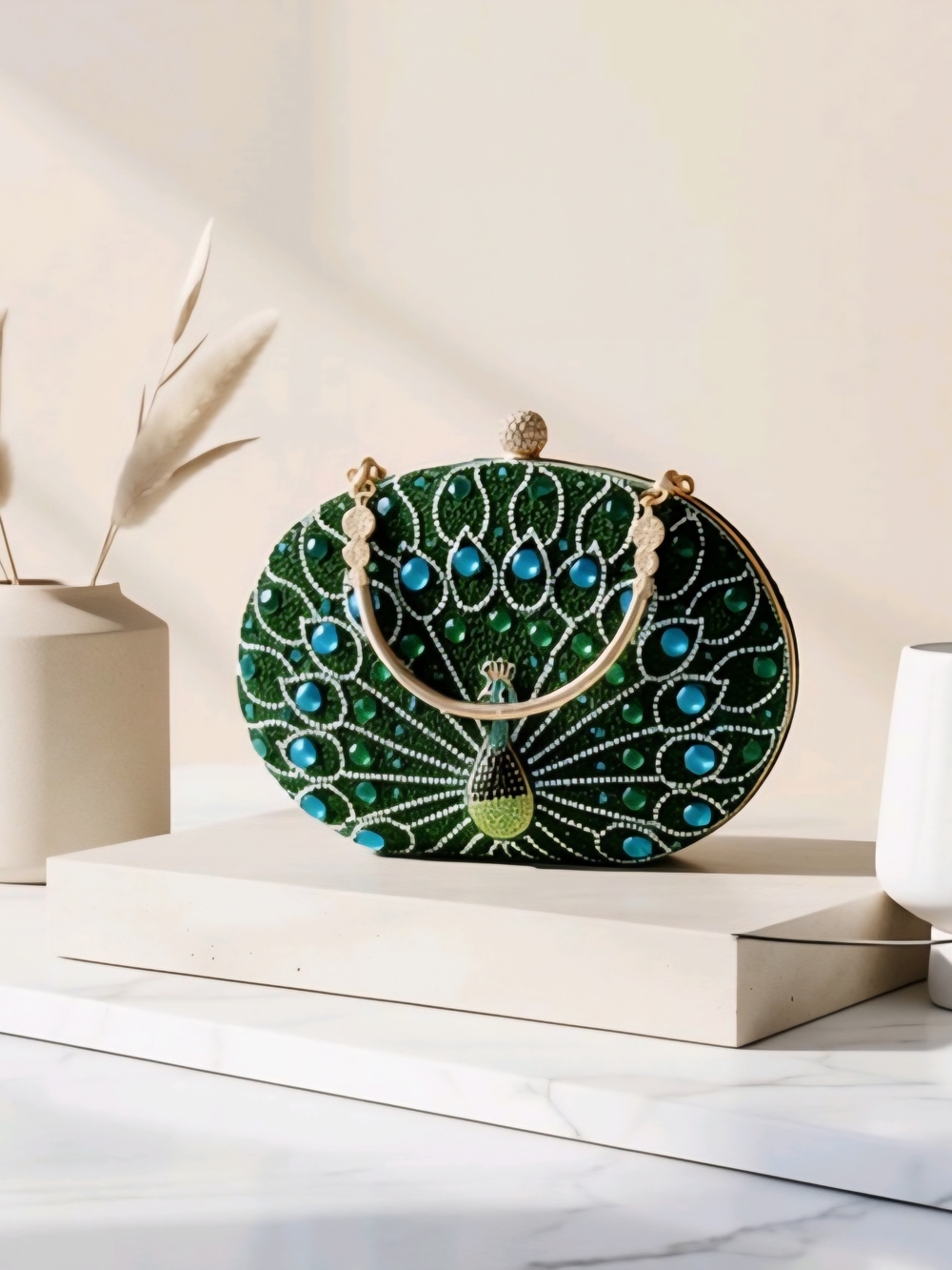 Green Peacock Crystal Rhinestones Evening Bag - Designer Style.  NIB